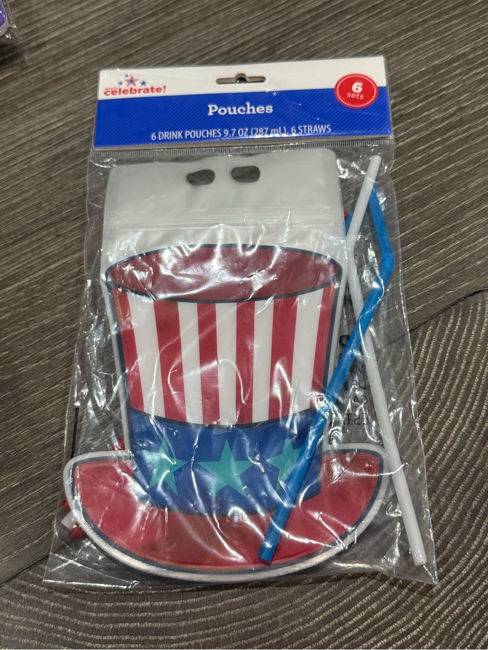NWT Way to Celebrate! Patriotic Red & Blue Drink Pouches with Straws